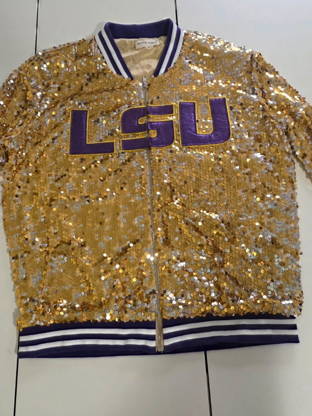 Pre Owned LSU Louisiana State University Gold Sequin Upcycled Anna Kaci Jacket - Picture 2 of 5